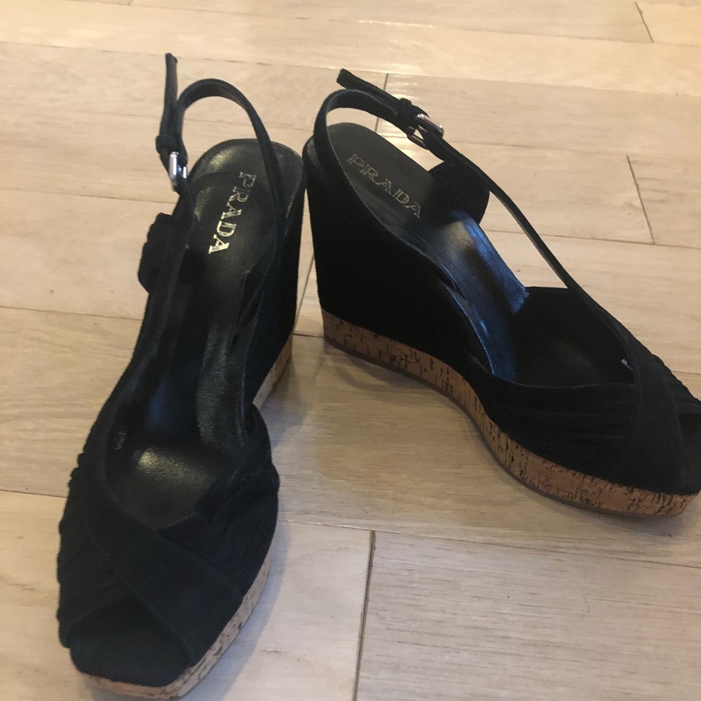 PRADA Black Suede Cork Wedges - Size 8